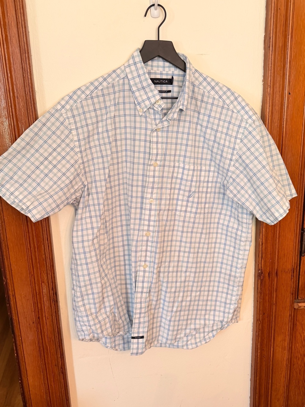 Nautica Light Blue and White Short-Sleeve Plaid Button-Down Shirt